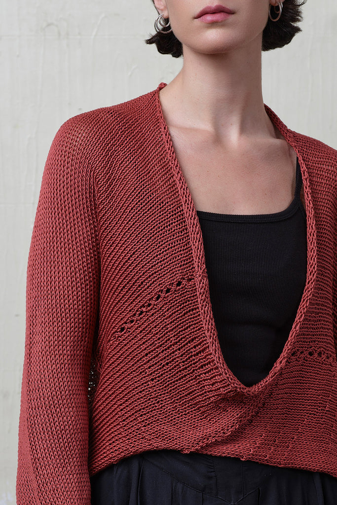 Close up fabric view of coral cotton cropped jumper. Designed and knitted in Melbourne by Wendy Voon knits