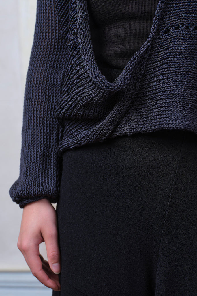 Close up fabric view of slate cotton cropped jumper, designed and knitted in Melbourne by Wendy Voon knits