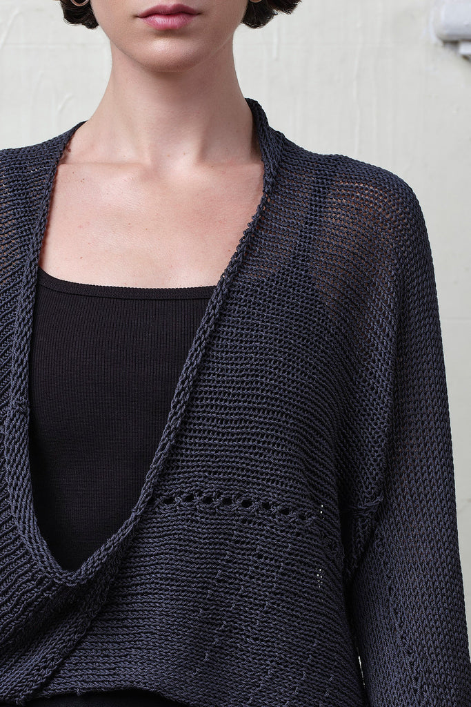 Close up fabric view of slate cotton cropped jumper, designed and knitted in Melbourne by Wendy Voon knits