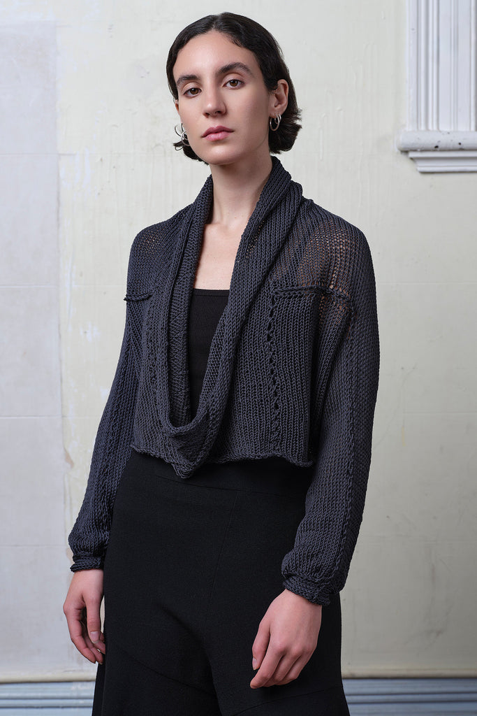 Model wears cotton cropped jumper in slate. Designed and knitted in Melbourne by Wendy Voon knits