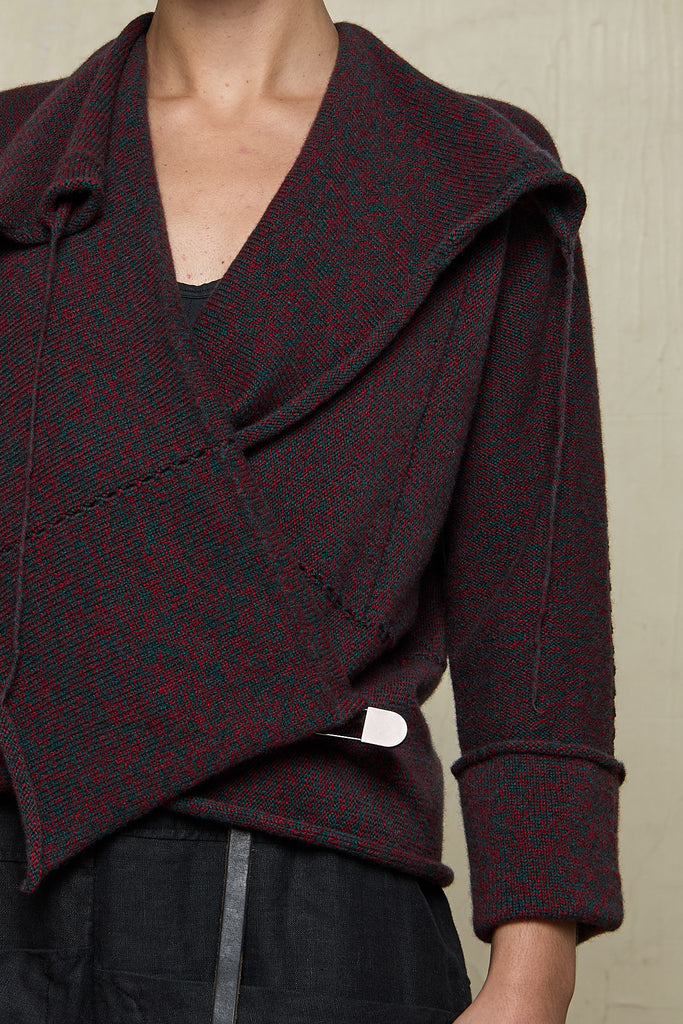 Fabric view of knitted wool cropped jacket in red and teal melange, designed by Wendy Voon, knitted in Melbourne.