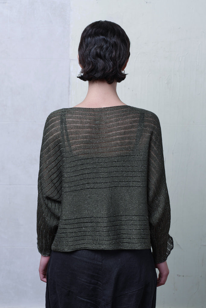 Back view of linen/cotton batwing in army backed with black and white flecked colourway. Designed and knitted in Melbourne  by Wendy Voon knits