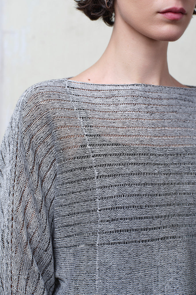 Close up fabric view of  linen/cotton batwing in silver grey backed with black colourway. Designed and knitted in Melbourne  by Wendy Voon knits