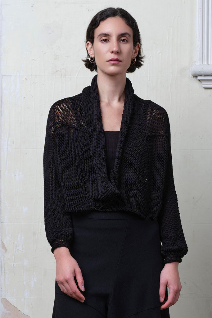 Model wears black cotton cropped jumper, designed and knitted in Melbourne by Wendy Voon knits