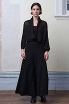 Model wears black cotton cropped jumper, designed and knitted in Melbourne by Wendy Voon knits