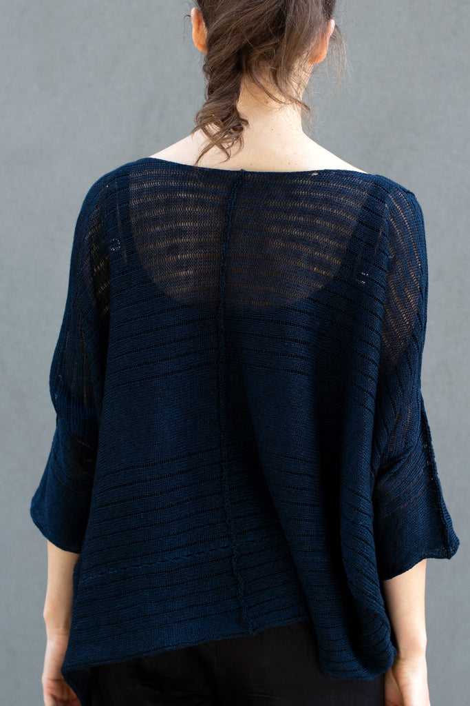 Back view of Tulip Top, made from all Linen, in Deep Ocean, designed by Wendy Voon