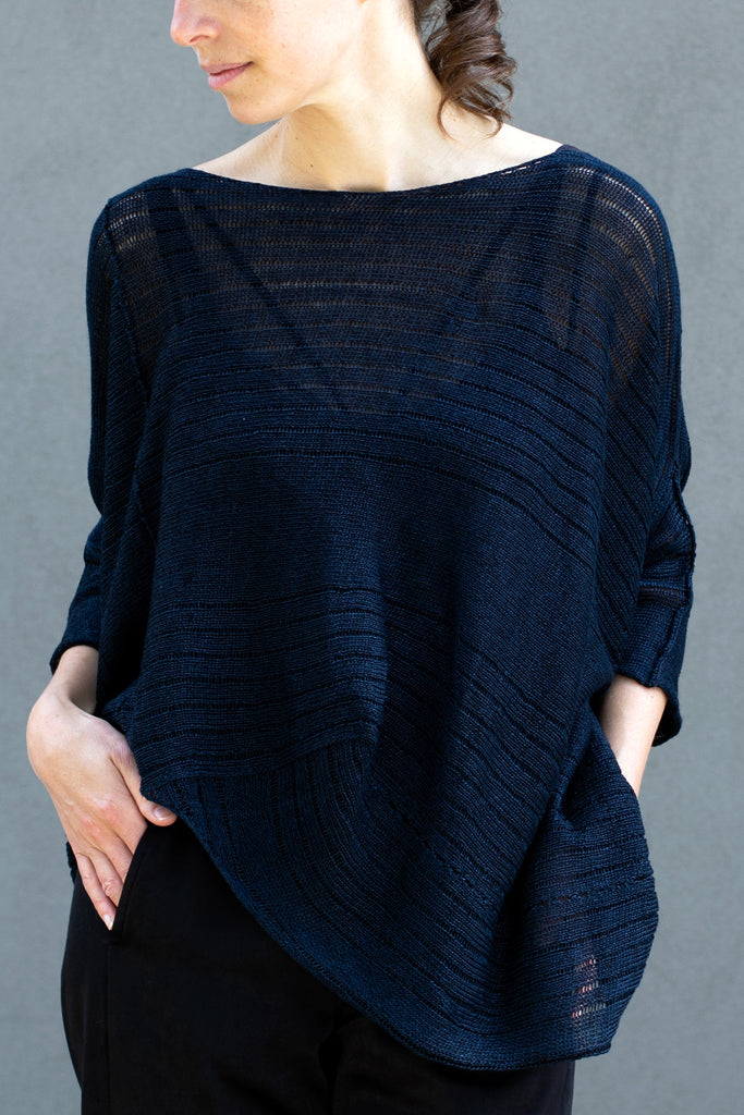 Front view of Tulip Top, made from all Linen, in Deep Ocean, designed by Wendy Voon
