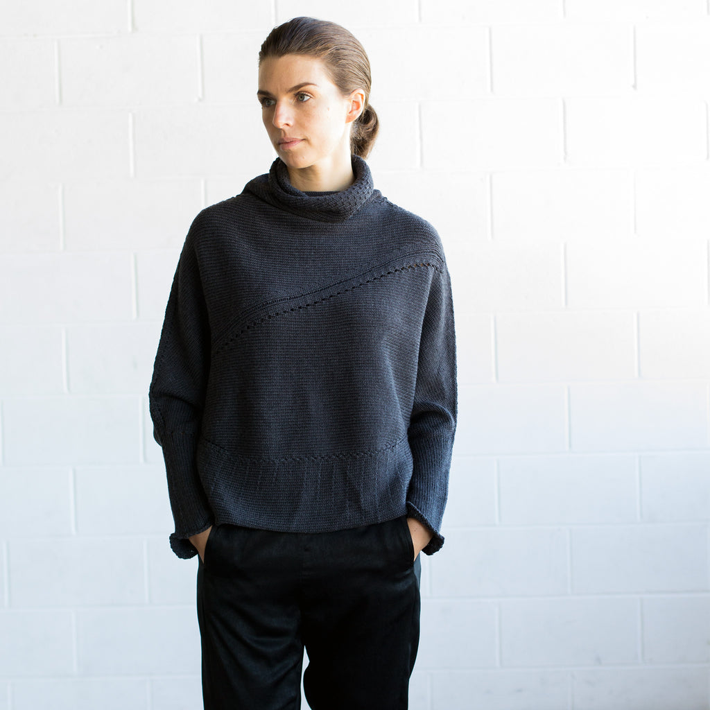 Front view of Chunky Funnel Neck Batwing jumper design in charcoal merino wool 