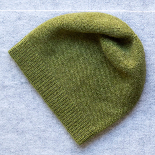 Chartreuse coloured knitted beanie made from merino wool, possum and silk