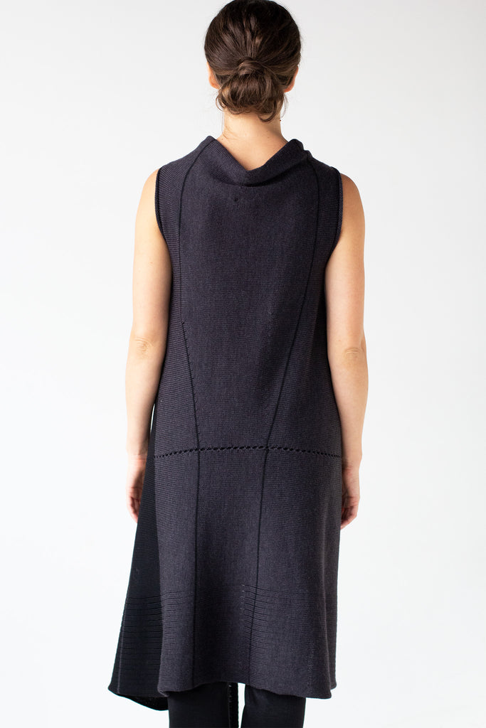 Back full length view of Two Toned Asymmetric Longline vest design in charcoal and black merino wool, showing stripe detail