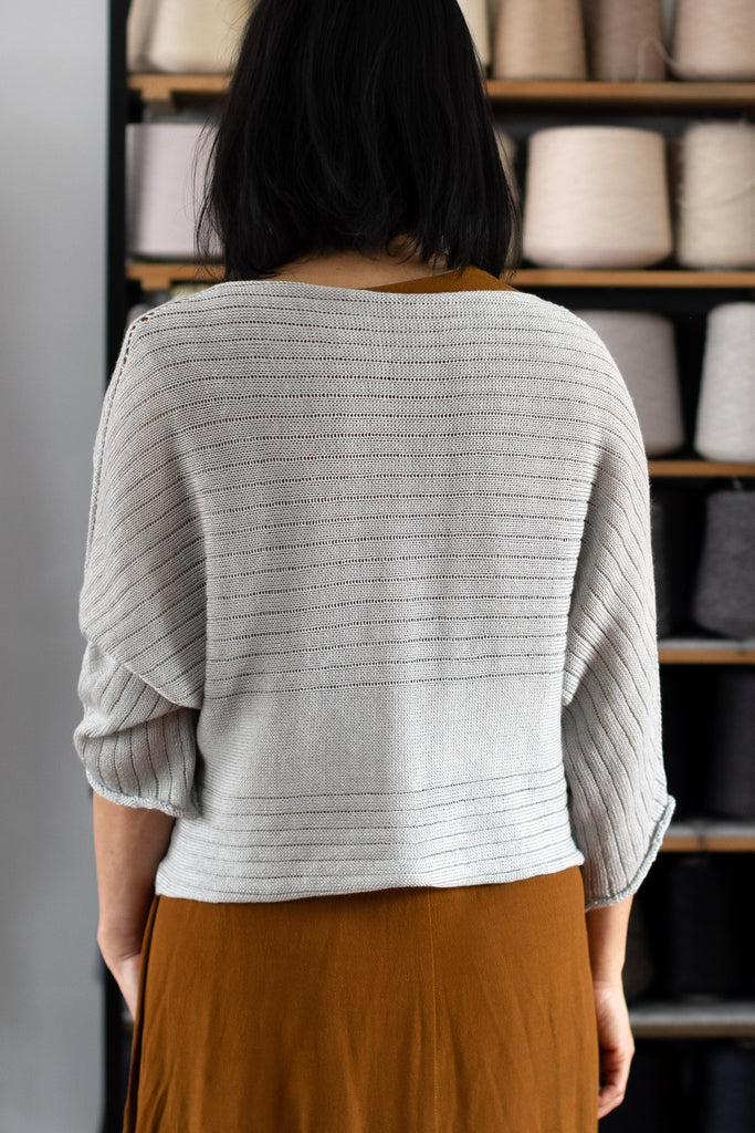 Back view of Linen Laddered Batwing jumper design by Wendy Voon in barely grey linen and merino