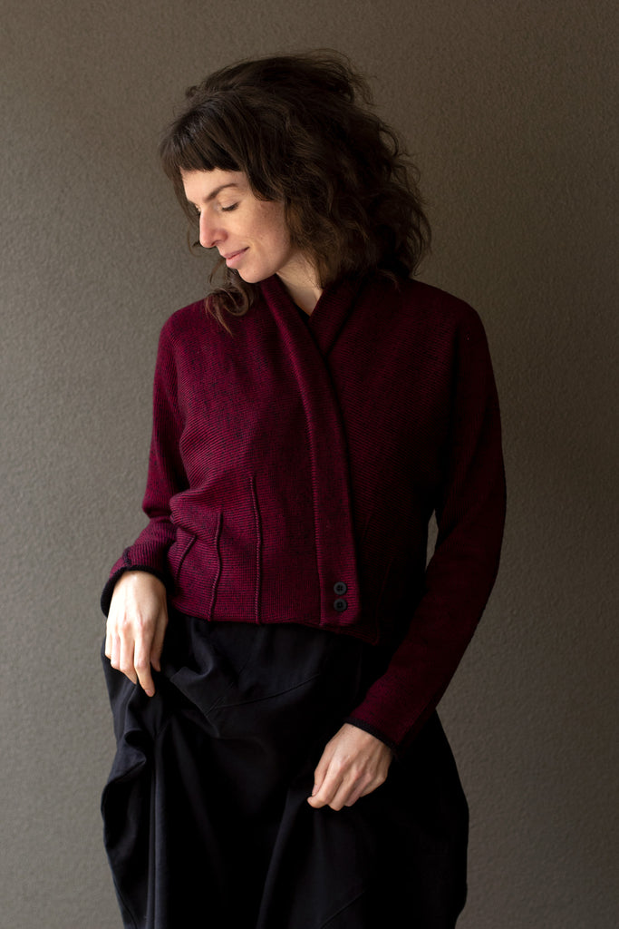 Front view of Welted  Cardigan design by Wendy Voon knits in burgundy and black merino wool
