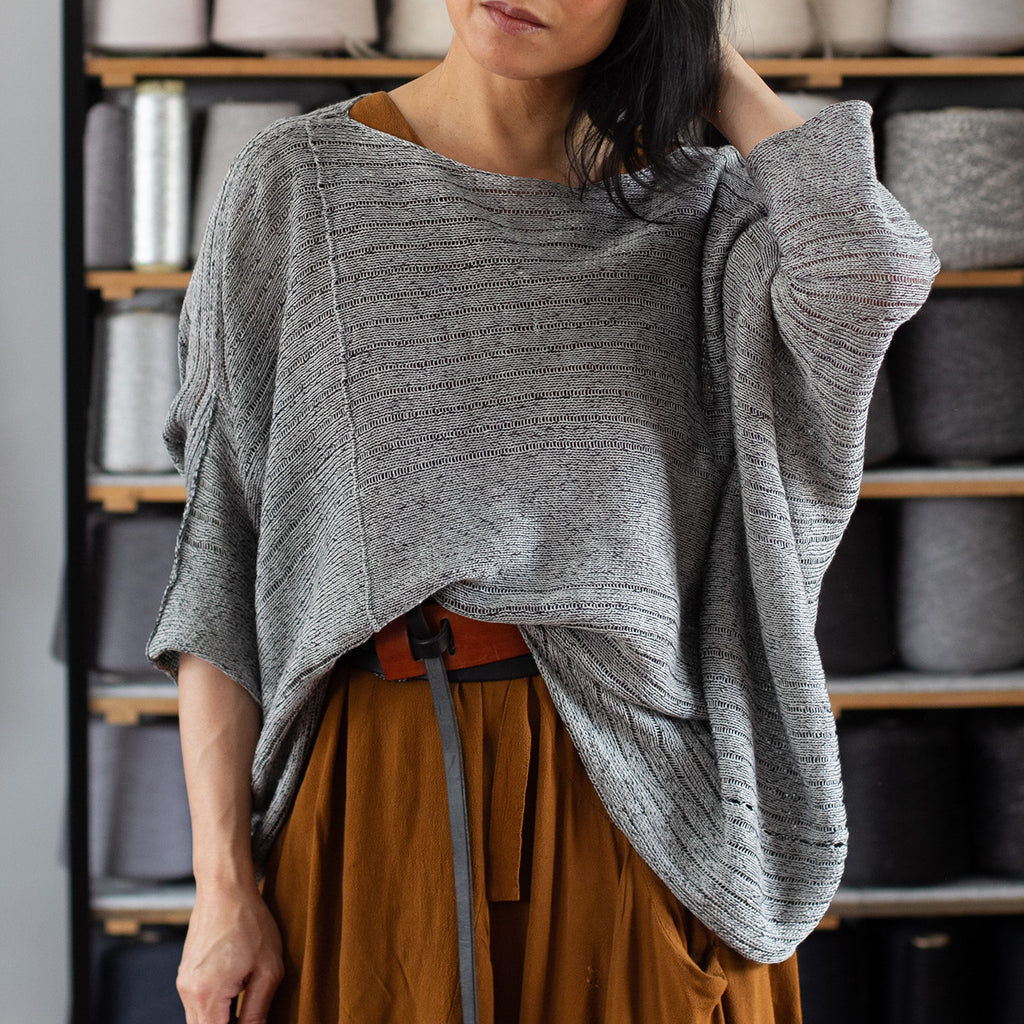 Front view of Tulip Top, made from all Linen, in Silver Grey flecked, designed by Wendy Voon