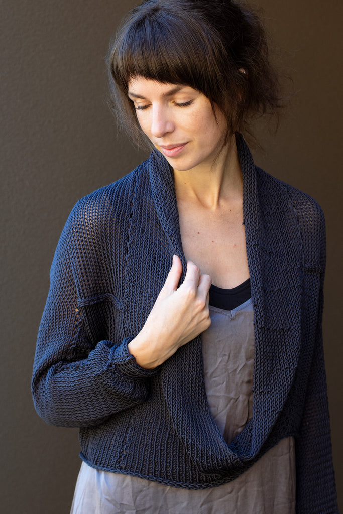 Front view of cotton cropped jumper in slate colour way, worn with shawl collar , designed and made in Melbourne by Wendy Voon