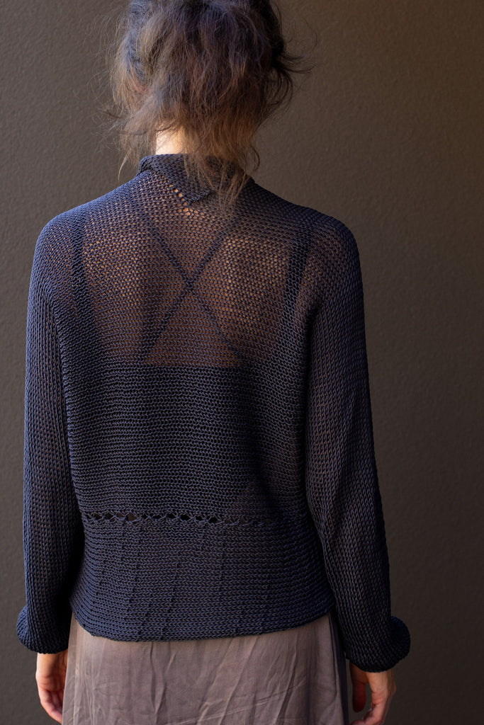 Back view of cotton cropped jumper in slate colour way, worn upside down, designed and made in Melbourne by Wendy Voon