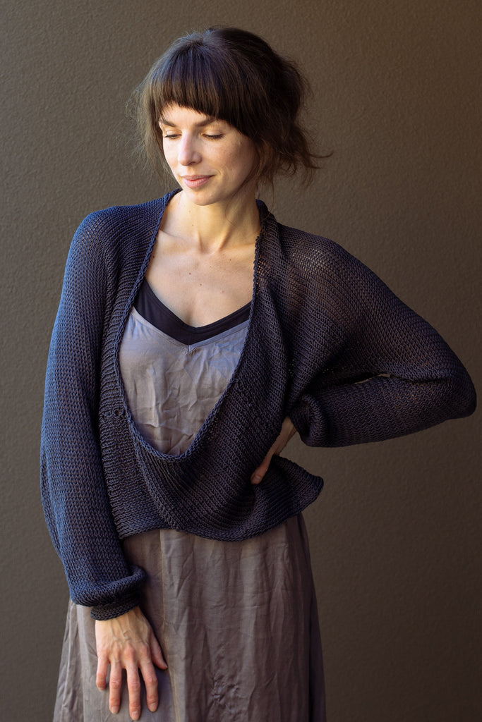 Front view of cotton cropped jumper in slate colour way, worn upside down, designed and made in Melbourne by Wendy Voon