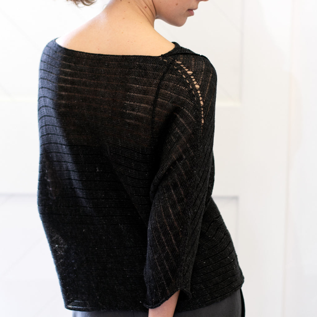 Back view of Linen Laddered Batwing jumper design by Wendy Voon in charcoal flecked linen and merino