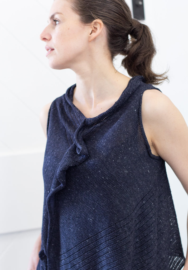 Front view of Linen Laddered Vest design by Wendy Voon knits in navy flecked linen