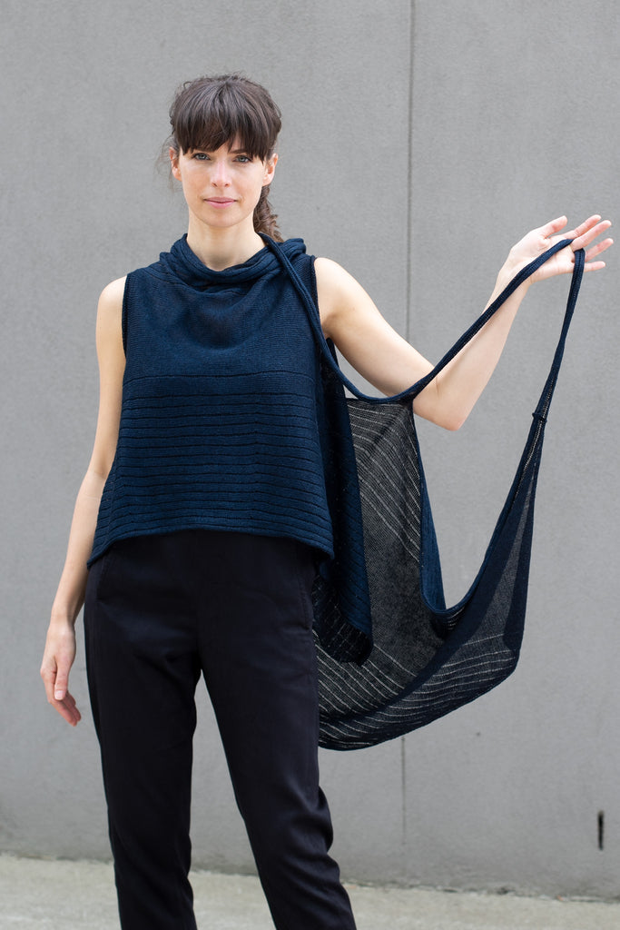 Front view of linen multi-wrap in deep ocean backed with black, designed by Wendy Voon