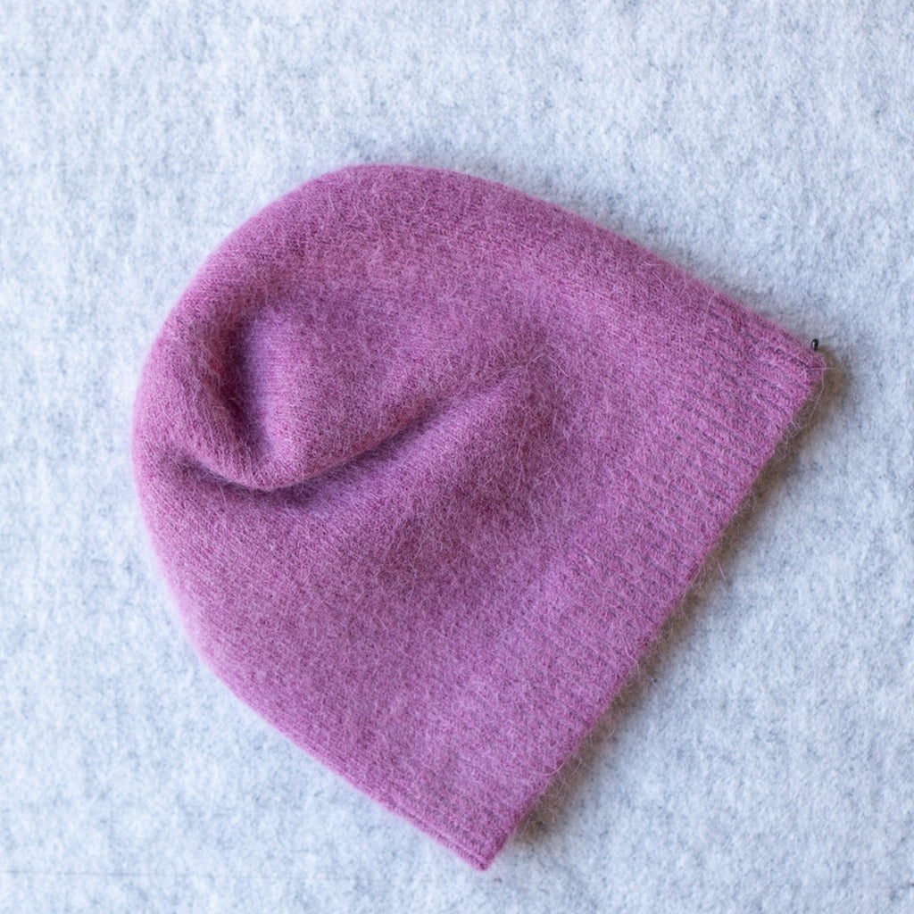Pink beanie made from angora and lambswool