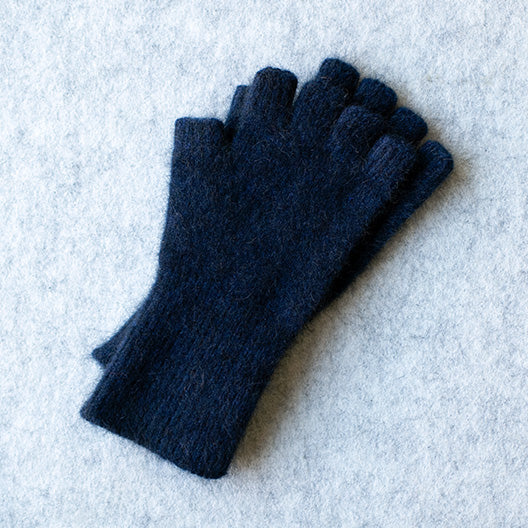 Deep blue coloured fingerless gloves in a merino wool, possum and silk blend