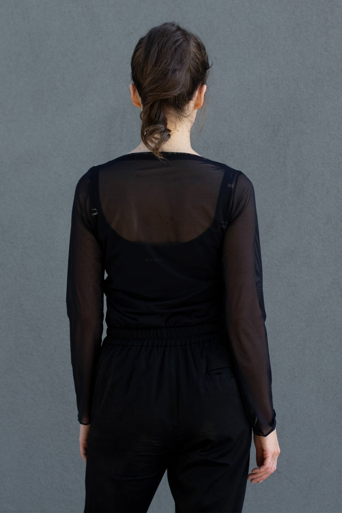 Back view of sheer boat neck mesh top designed by Wendy Voon.