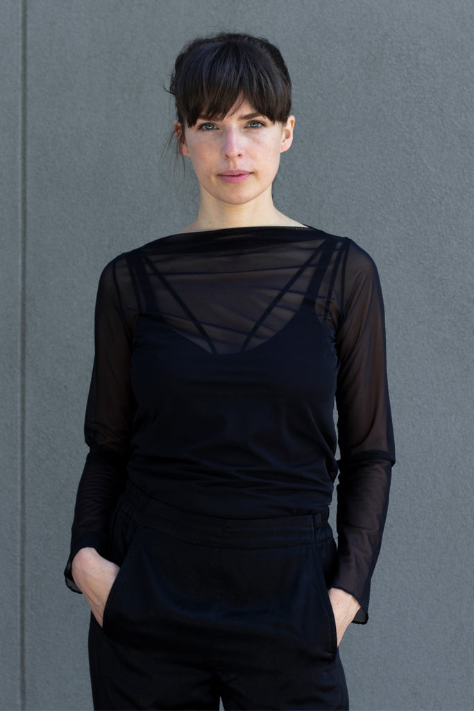 Front view of sheer boat neck mesh top designed by Wendy Voon.