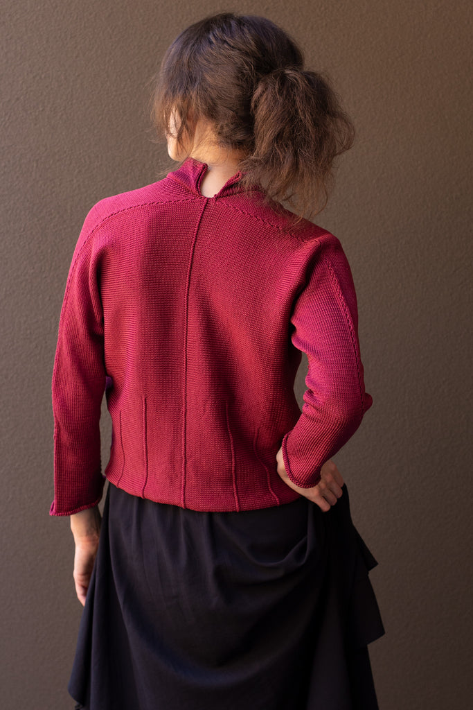 Back view of welted cotton cardi in damask rose colourway, designed and made in Melbourne by Wendy Voon Knits