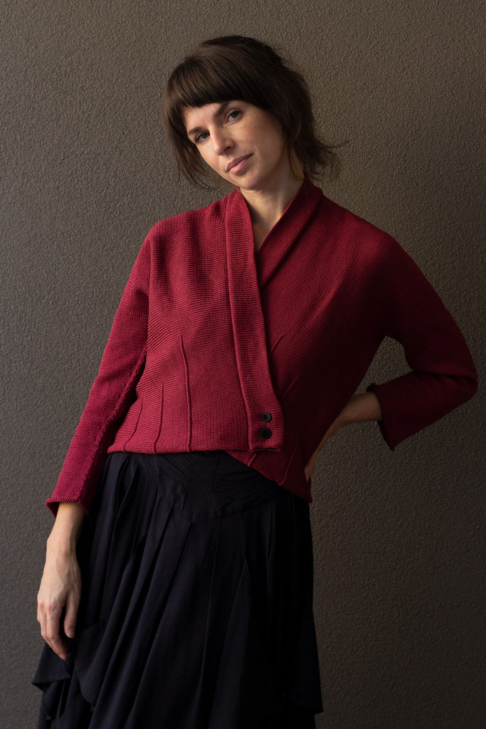 Front view of welted cotton cardi in damask rose, designed and made in Melbourne by Wendy Voon Knits