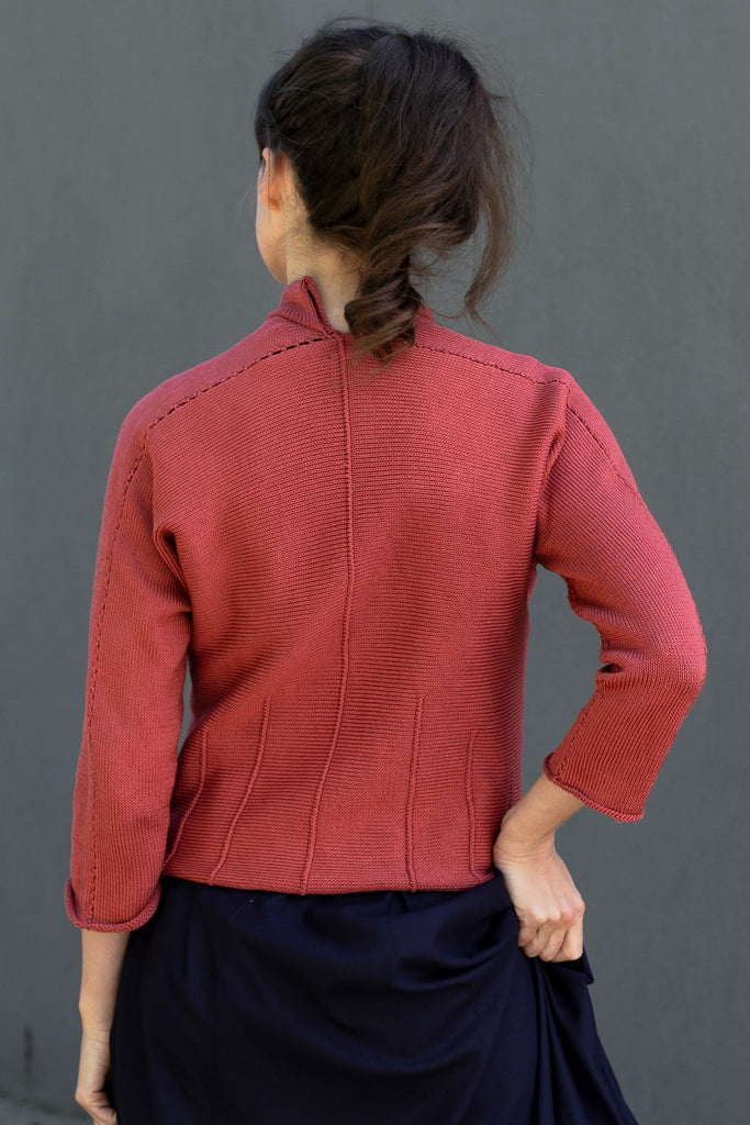 Back view of welted cotton cardi in coral, designed and made in Melbourne by Wendy Voon Knits