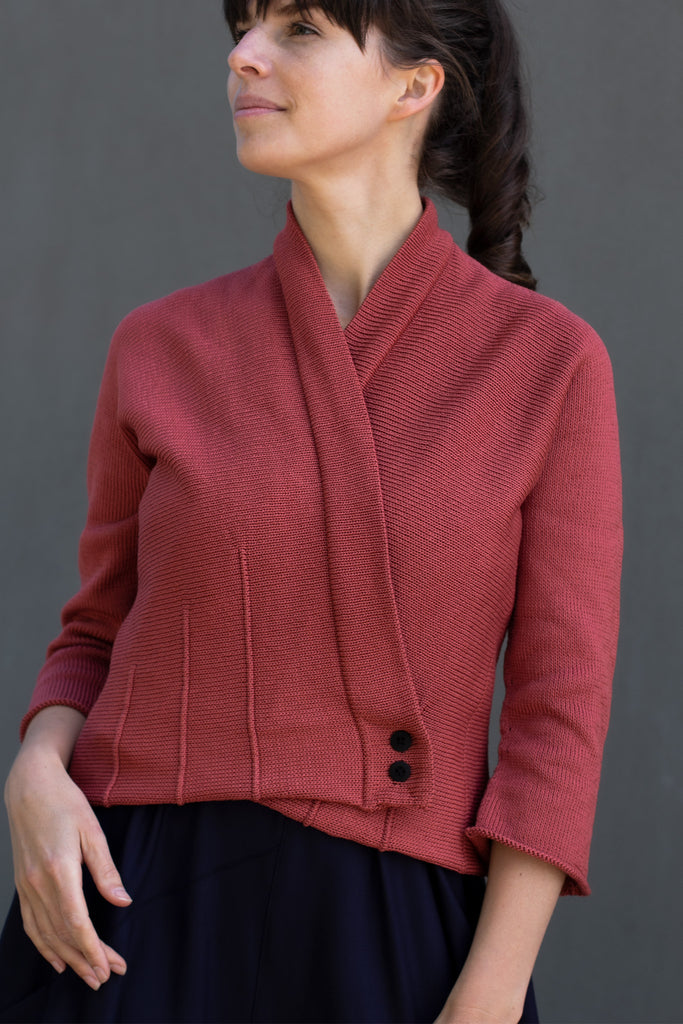 Front view of welted cotton cardi in coral, designed and made in Melbourne by Wendy Voon Knits