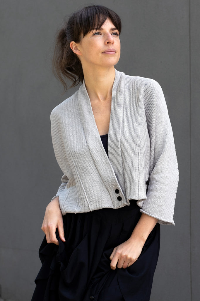 Front view of buttoned welted cotton cardi in pearl colourway, designed and made in Melbourne by Wendy Voon Knits