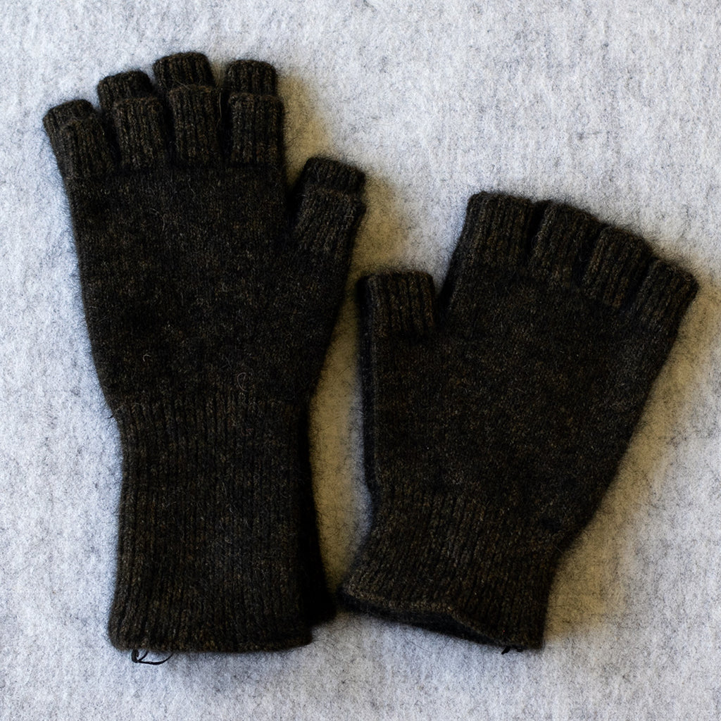 Dark tawny brown coloured fingerless gloves in a merino wool, possum and silk blend