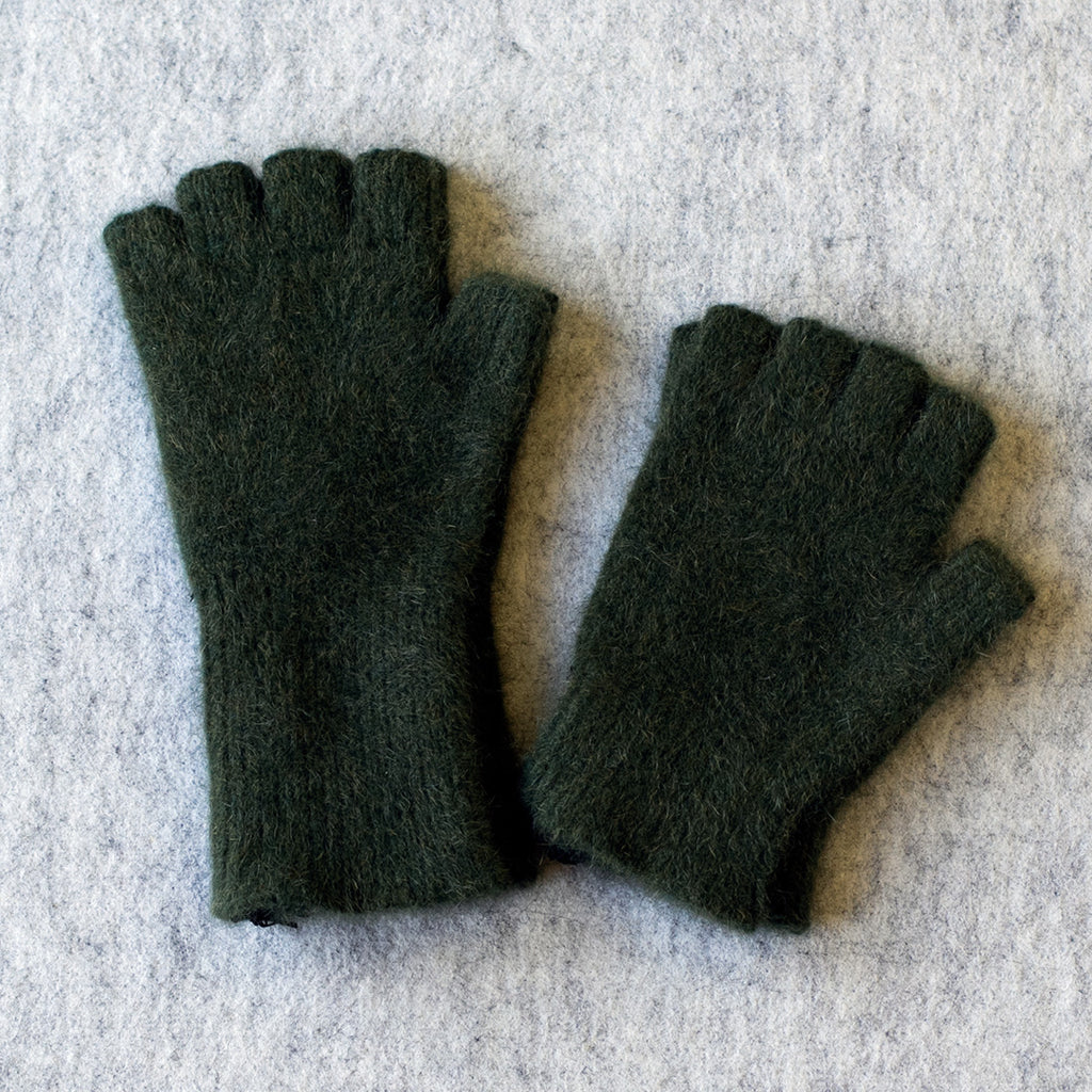 Forest coloured fingerless gloves in a merino wool, possum and silk blend