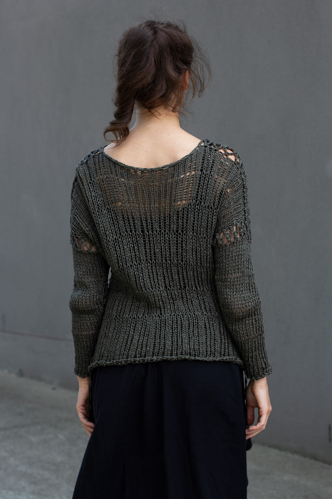 Back view of extra large stitch jumper in khaki, designed by Wendy Voon