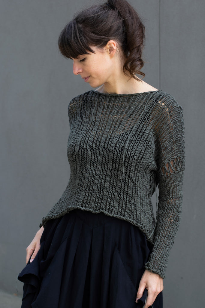 Front view of extra large stitch jumper in khaki, designed by Wendy Voon