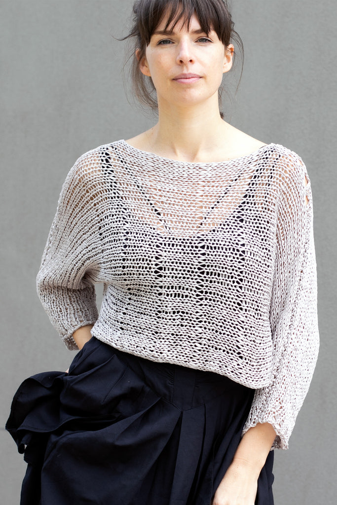 Front view of Large Stitch Batwing jumper, knitted  in Pearl cotton and designed by Wendy Voon