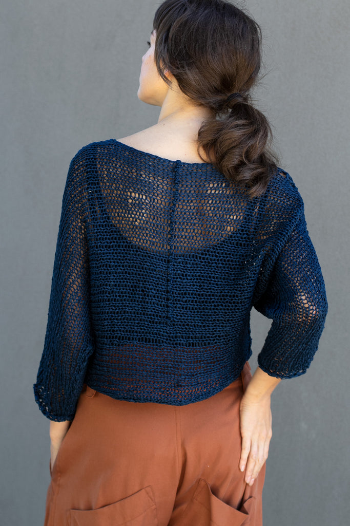 Back view  of Large Stitch Batwing jumper, knitted  in Ocean coloured cotton ribbon yarn, designed by Wendy Voon