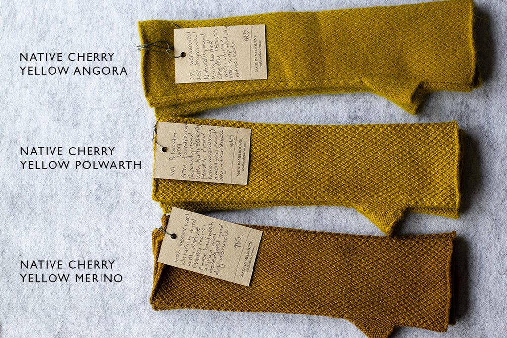 Knitted arm warmers dyed using native cherry, in yellow colour ways.