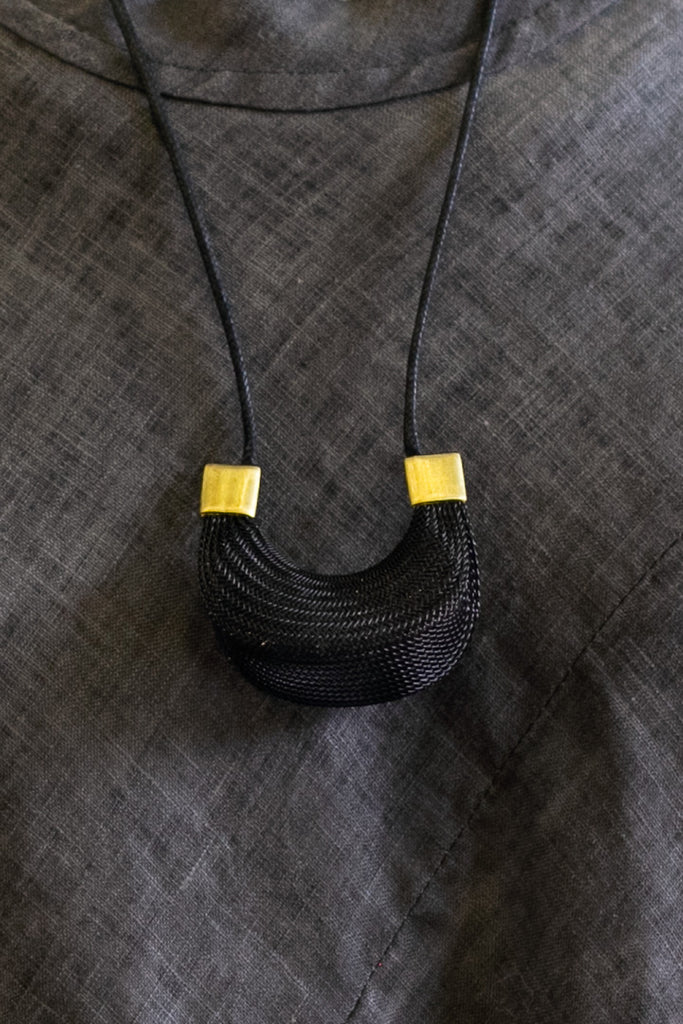 Strand black mesh necklace with brass hardware
